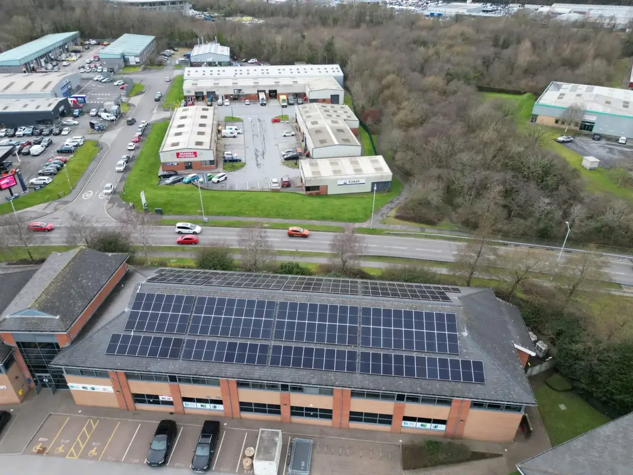 Commercial rooftop solar PV installation on office block